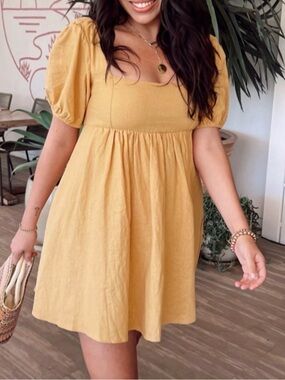 Show Me Your MuMu mustard Smitten babydoll mini dress puff sleeves W pockets M